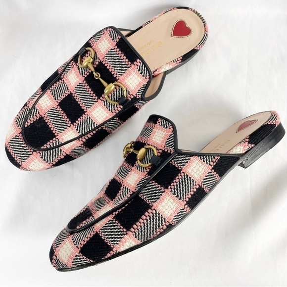 Gucci Princetown Plaid Check Tweed Slide Slip On Mules Pink Black EU 36 Casual - Picture 1 of 12